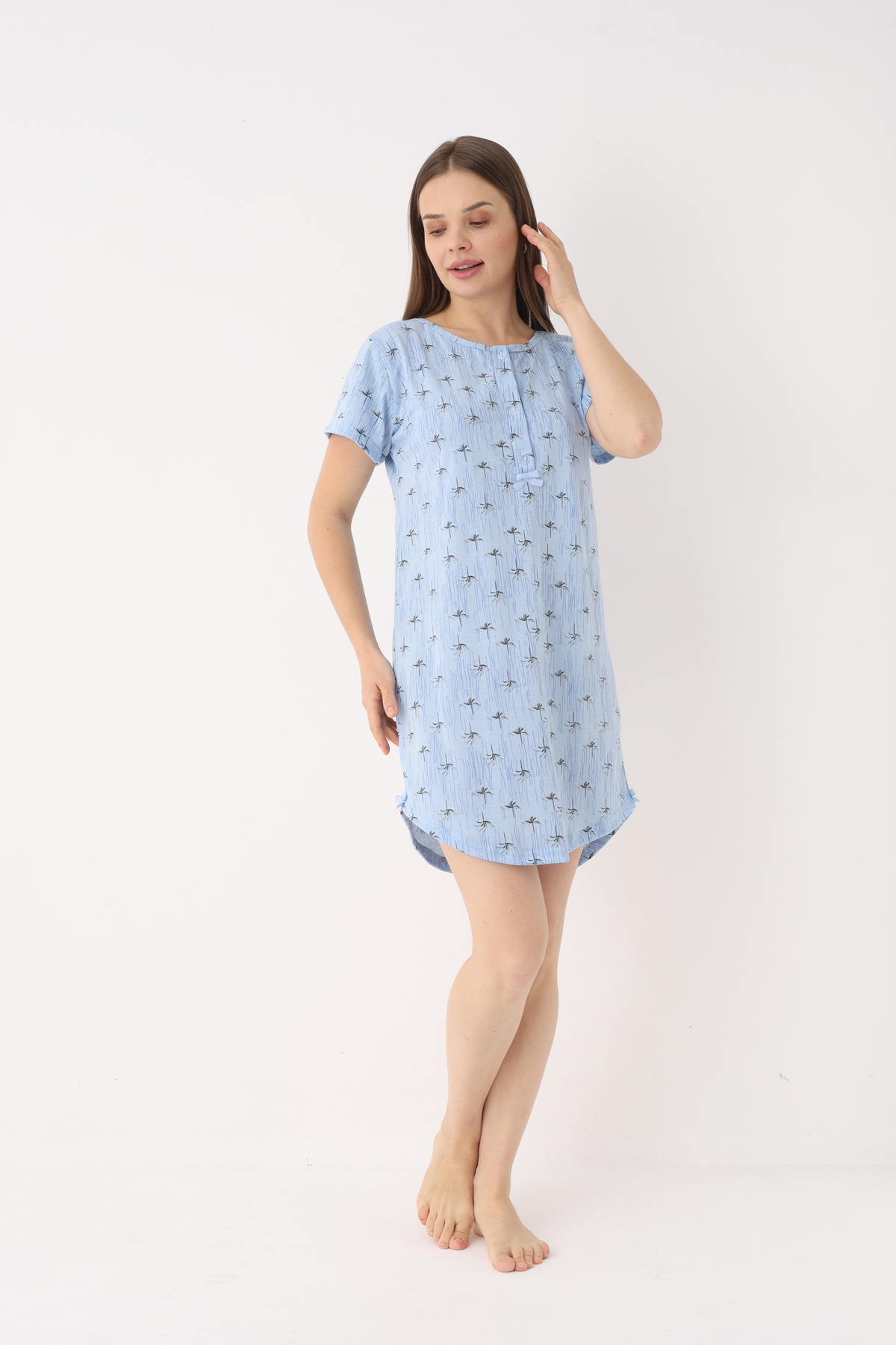 YASAR UNDERWEAR Kadın %100 Pamuk Desenli Kısa Kollu Yarım Pat Düğmeli Rahat Kesim Gecelik