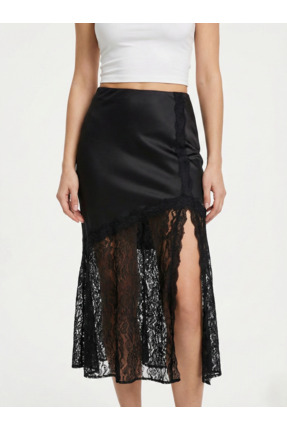 Alaçatı Boutique Kadın Siyah Saten Dantelli Etek – Şık, Zarif, Midi Boy Etek