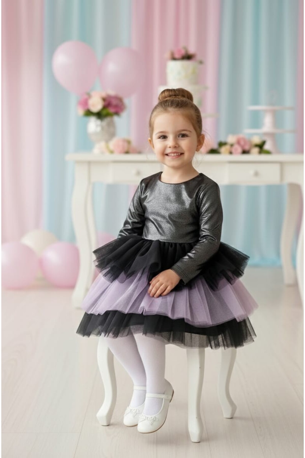 penu baby kids Siyah-Mor Kuromi Parlak Jarse Kat Etekli Uzun Kolu Kız Çocuk Kız Bebek Elbise fotoğrafı 4 (önizleme)