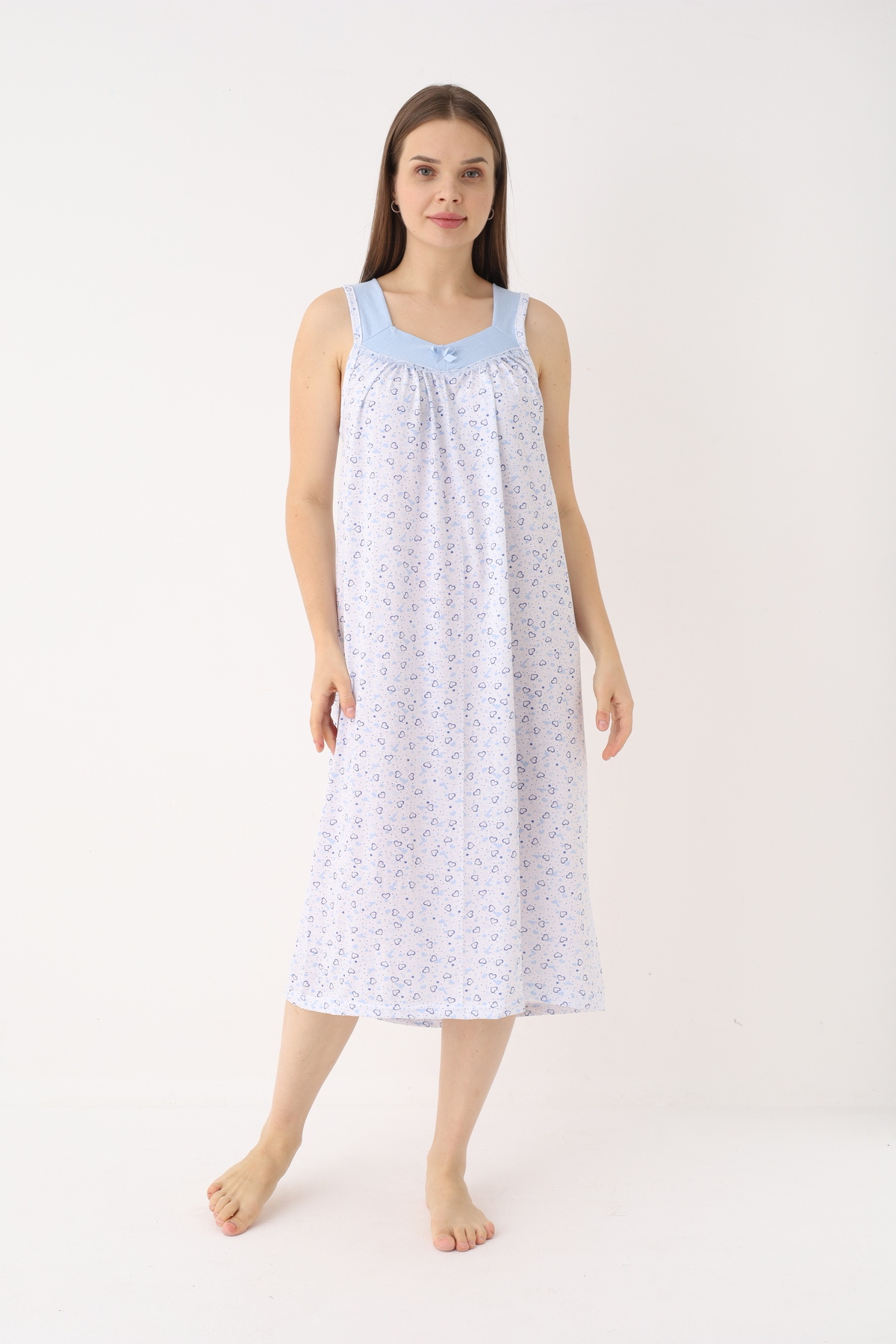 YASAR UNDERWEAR Kadın Pamuklu Askılı Desenli Uzun Gecelik