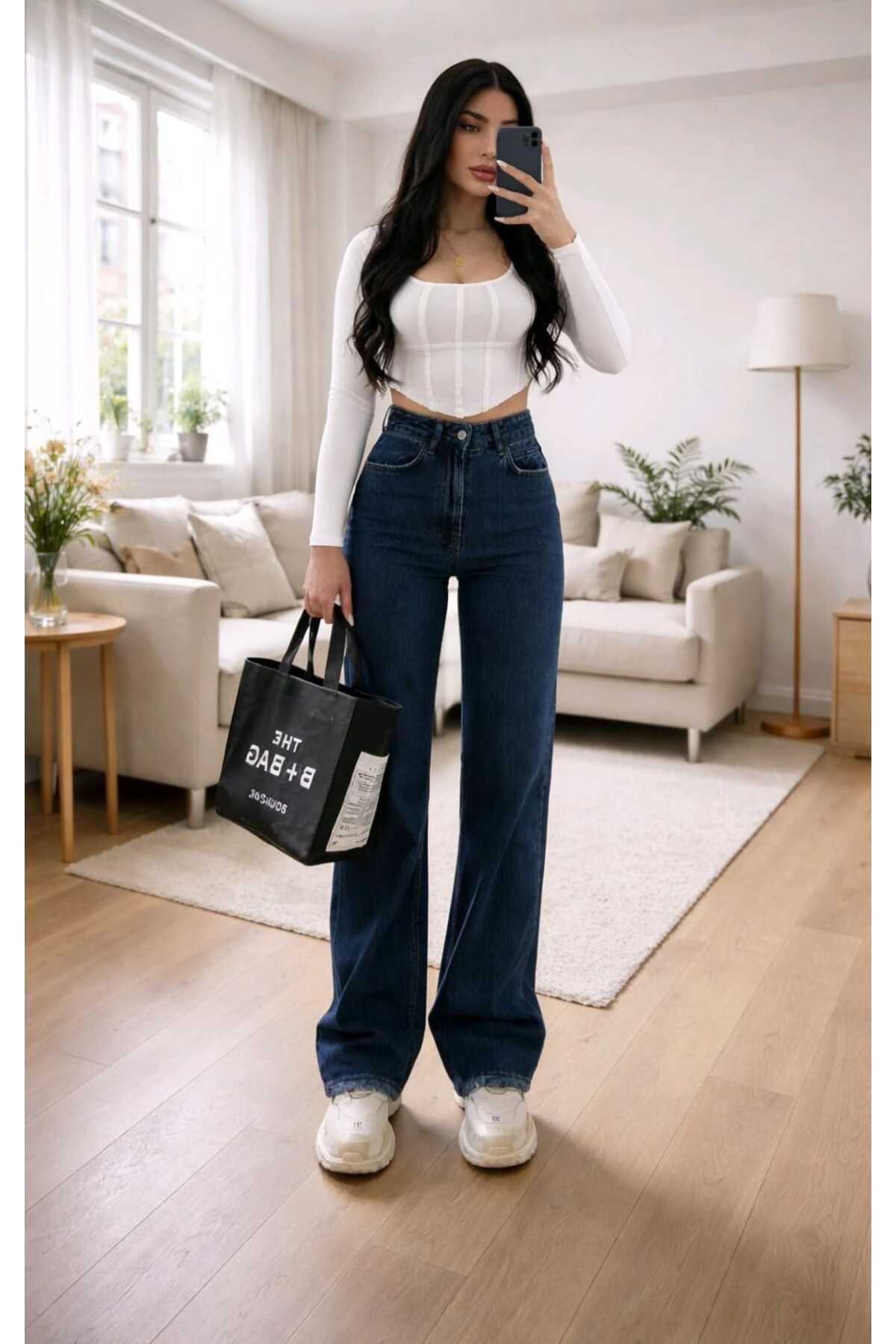 NWC  Christina Likralı Salaş Kadın Koyu Mavi Süper Yüksek Bel Salaş Paça Denim Kot Palazzo Pantolon