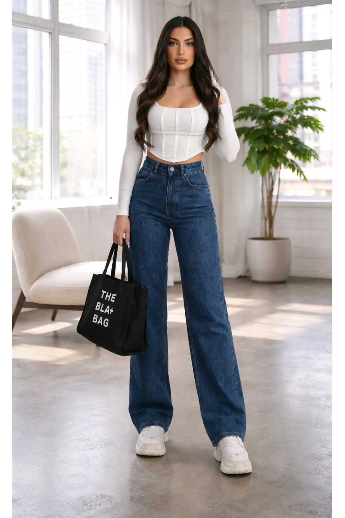 NWC  Christina Likralı Salaş Kadın Koyu Mavi Süper Yüksek Bel Salaş Paça Denim Kot Palazzo Pantolon - Görsel 6