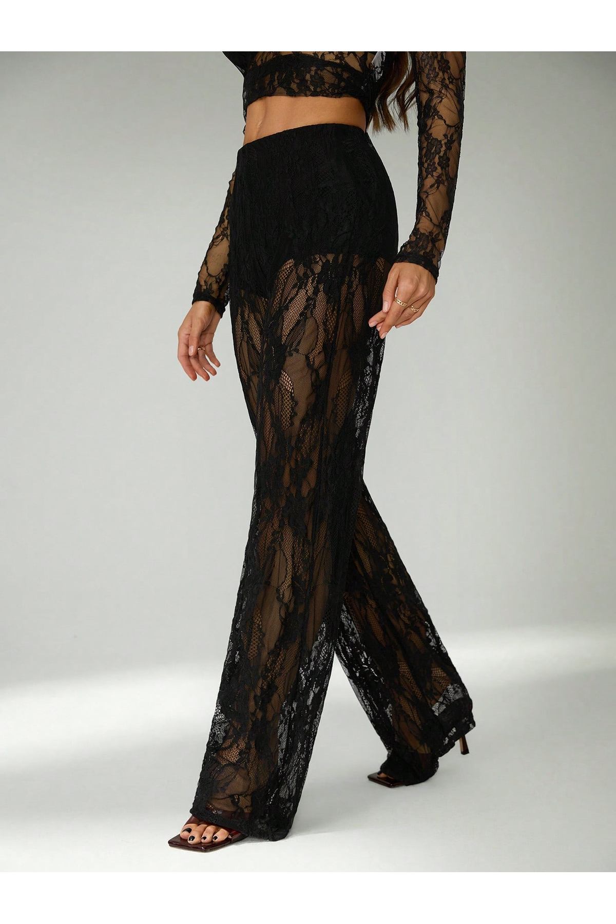 PERLMUTT  Kadın Siyah Transparan Dantelli İspanyol Paça Pantolon,Yeni Sezon Trend Pantolon - Görsel 3