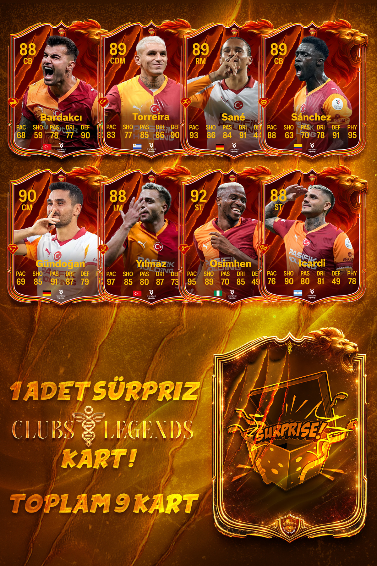 BERKANTTP Sarı Kırmızı Seri Fut Card Paketi + 1 Adet Clubs Legend