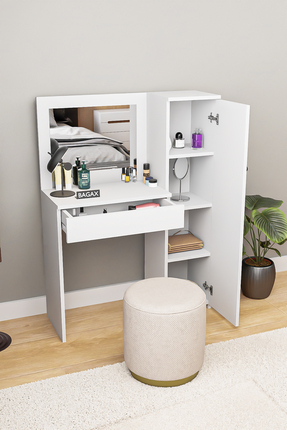 BAGAX WHITE Aynalı Dolaplı Makyaj Masası, Çekmeceli & Raflı, Beyaz Minimal Ta...