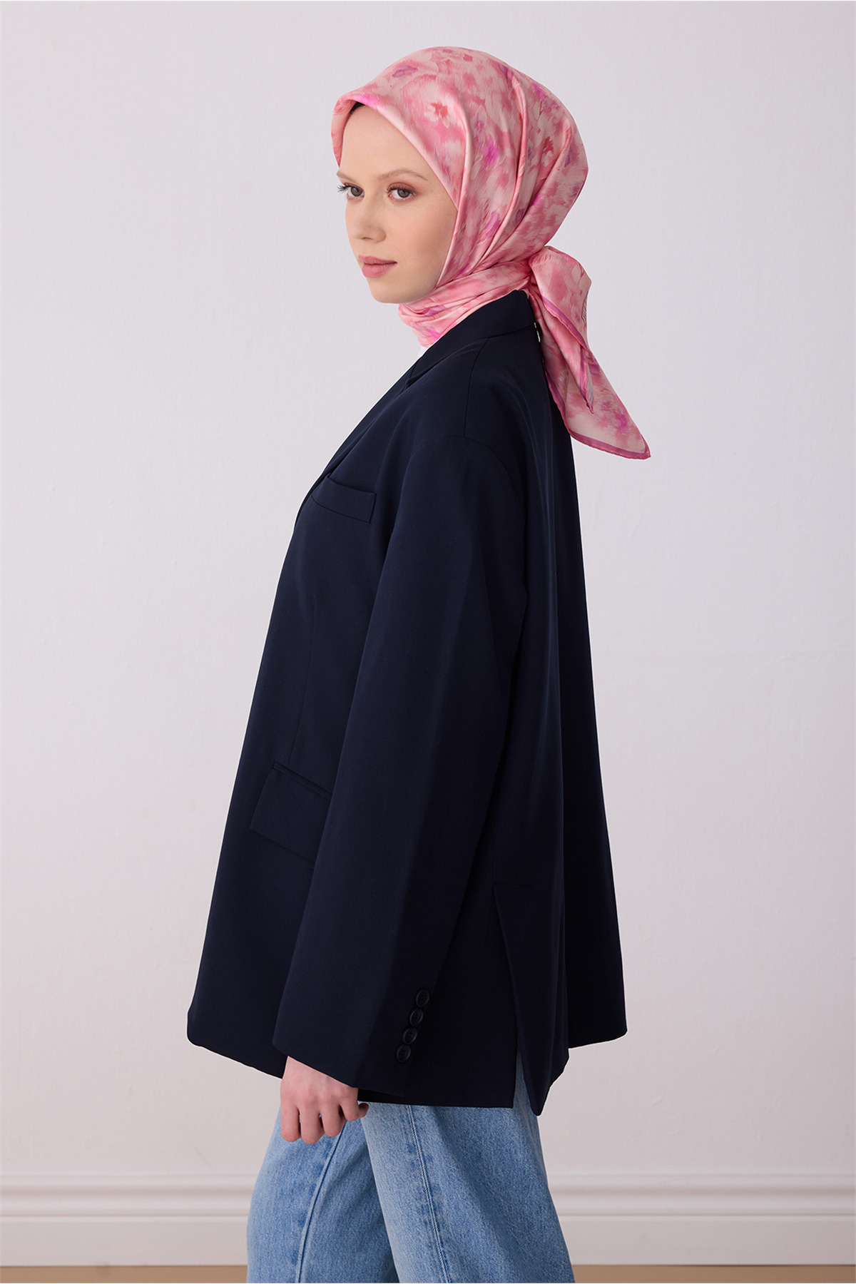 Pembe Çiçek Desen %100 Twill İpek Eşarp 4319 - 04