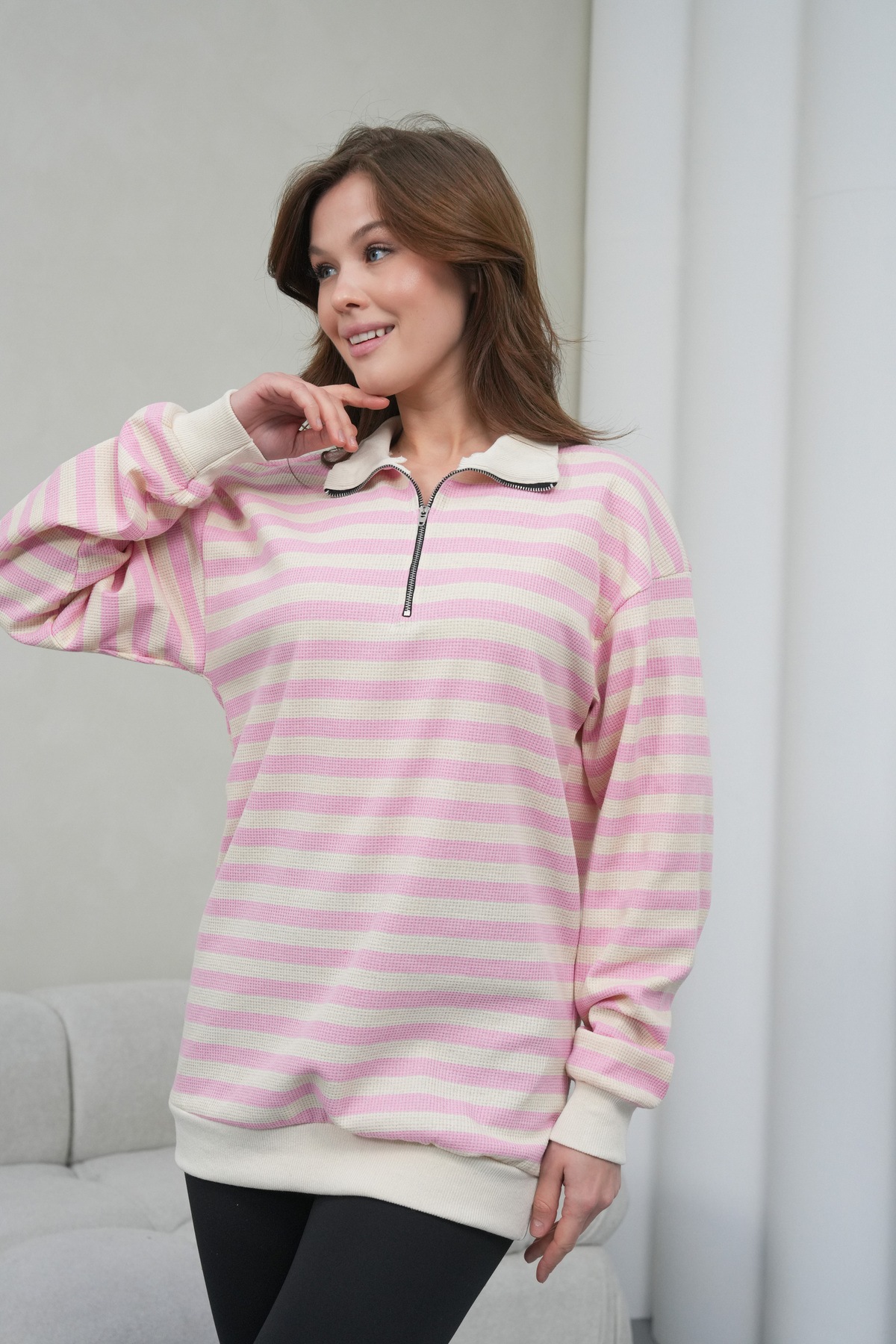 Women's Cream-Pink Striped Half Zippered Wafil Knitted Oversize Sweatshirt