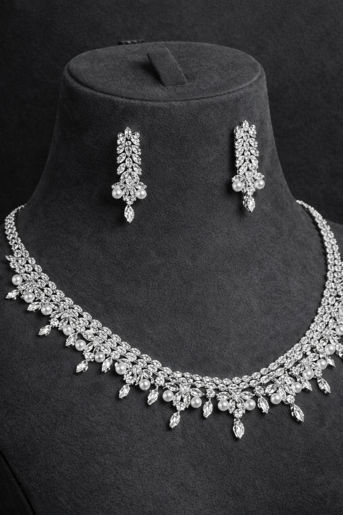 Zircon Waterway Set Rhodium Plated Oriana Model Wedding Set Engagement Set Necklace Earrings Jewelry Set
