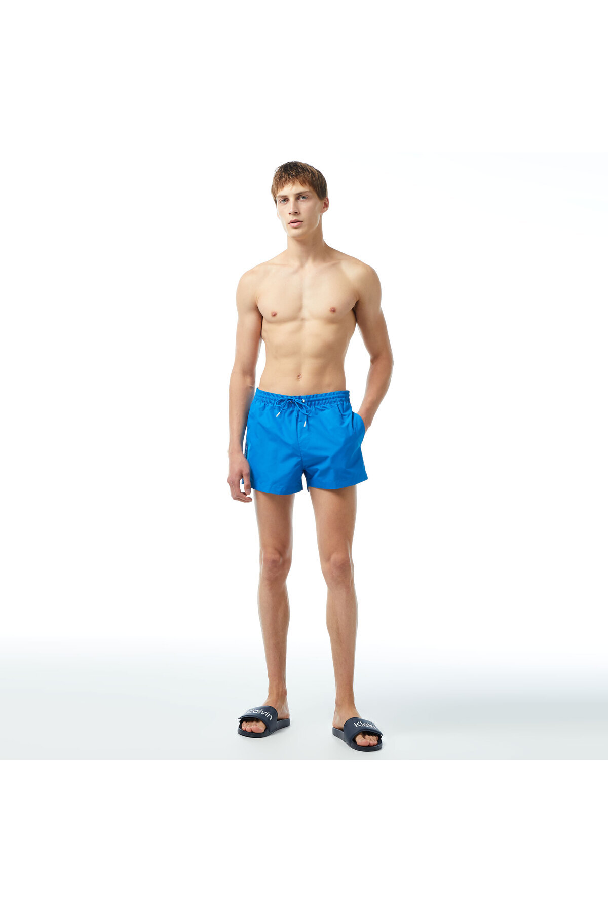 کلوین کلاین شورت شنا مردانه آبی طرح نواری با لوگوی Core