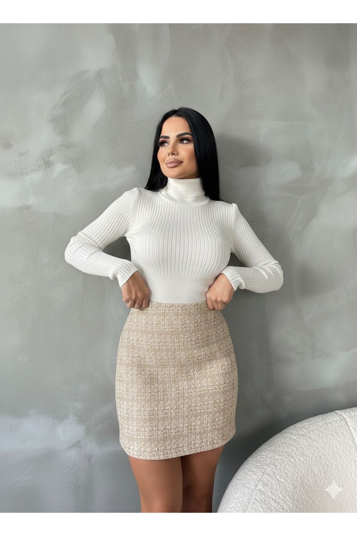 Women's Beige Tweed Mini Skirt