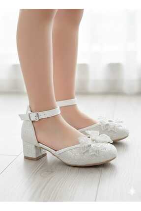 SGF KIDS beyaz cam kırığı taşlı fiyonklu topuklu abiye ayakkabı