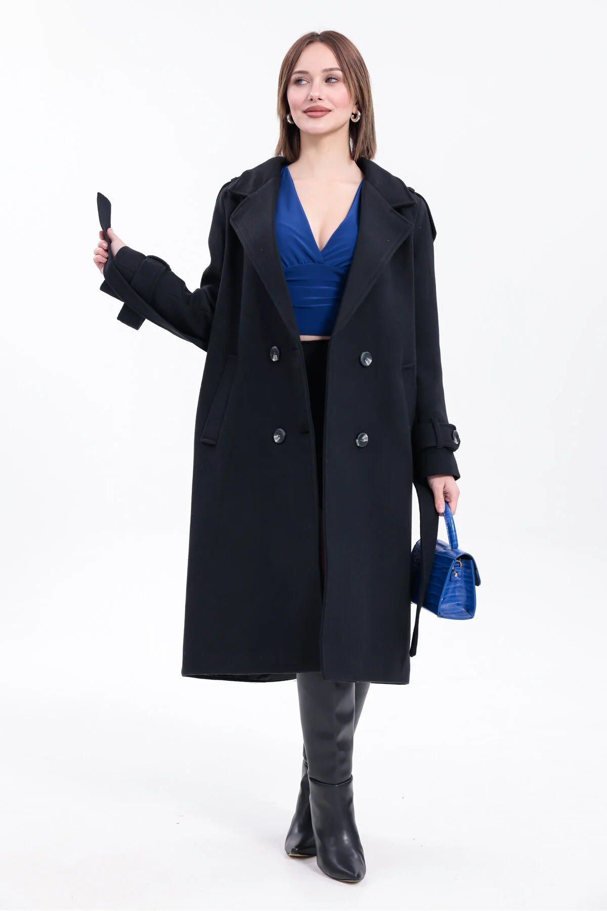 ışık tesettur  Morena Yeni Sezon Regular Fit Siyah Düğmeli Uzun Kaşe Kaban (Yeni Sezon) 2026 - Görsel 8