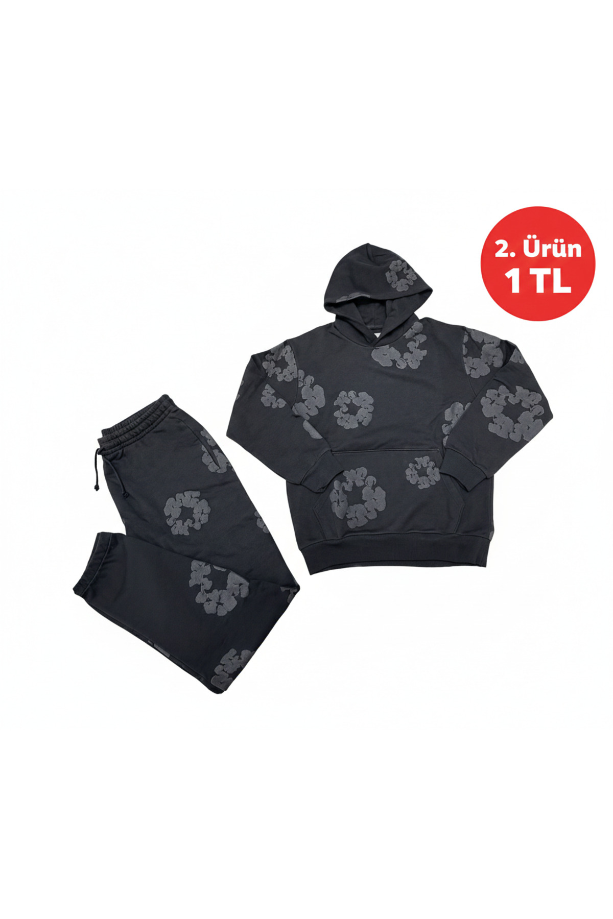 Calle 00 Erkek Siyah 3 İplik Kalın Pamuklu Streetwear Hoodie ve Eşofman Altı Set — مشکی deeenmd