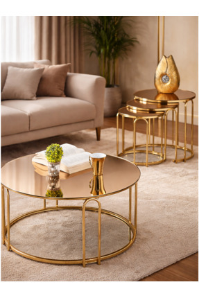 SEDAŞ LIVING UNITS 4 Lü Bronz Ayna Gold Metal Ayaklı Ayna LENKA Model Sehpa T...