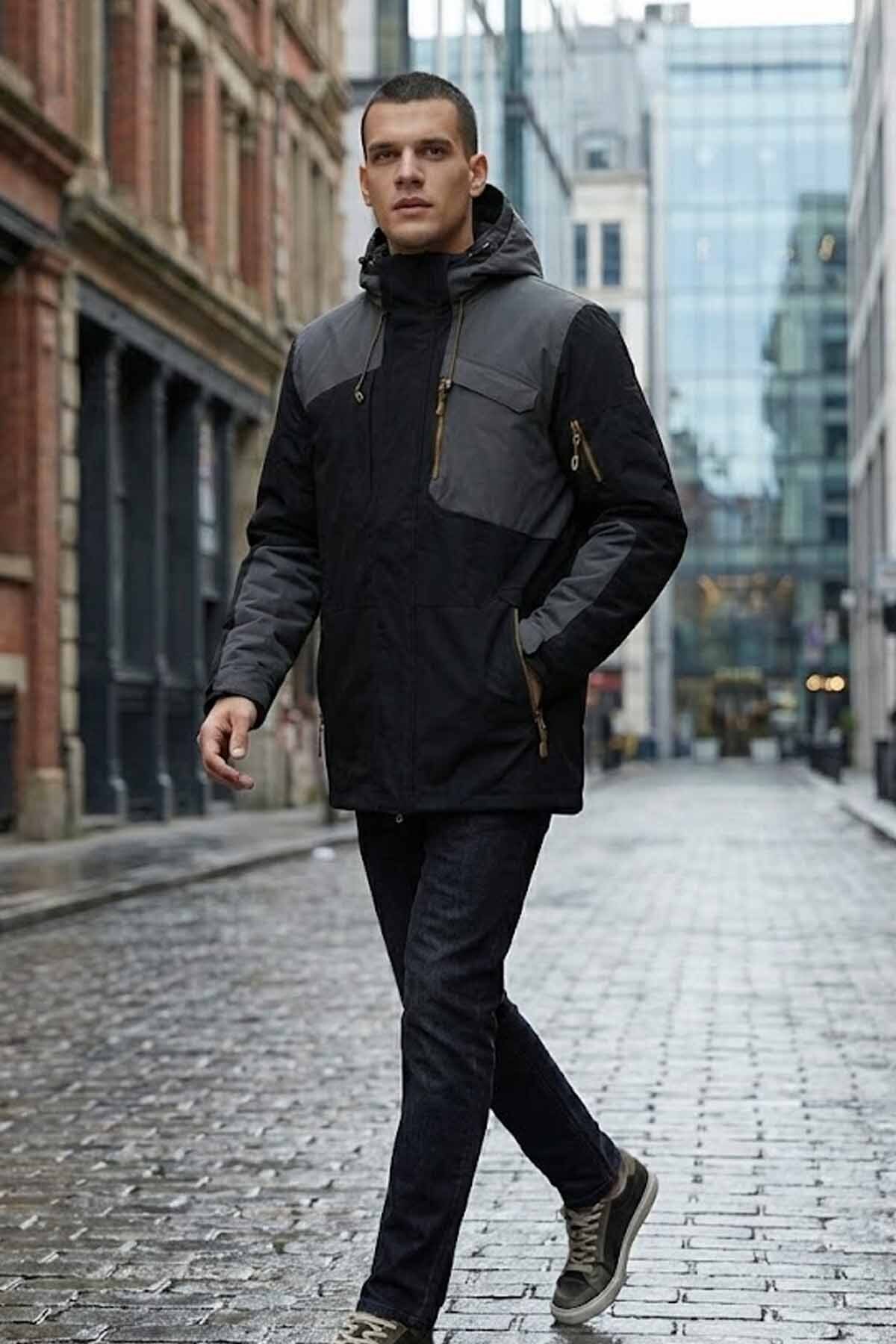 کاپشن مردانه مشکی خاکستری - ضد آب، ضد باد و کلاه دار - کاپشن زمستانی ممتاز — مشکی SN17 HENRY COAT 1PR — تصویر 3 از 6