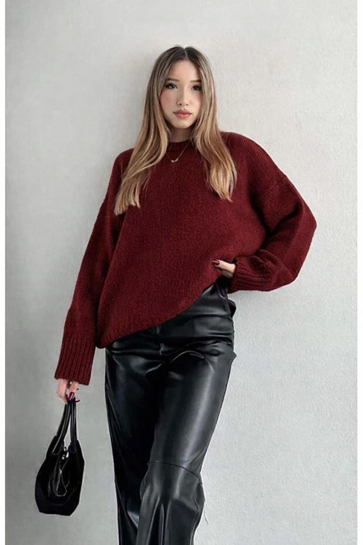 LOTUS CITY  Kadın Bisiklet Yaka Oversize Bordo Triko Kazak - Görsel 2