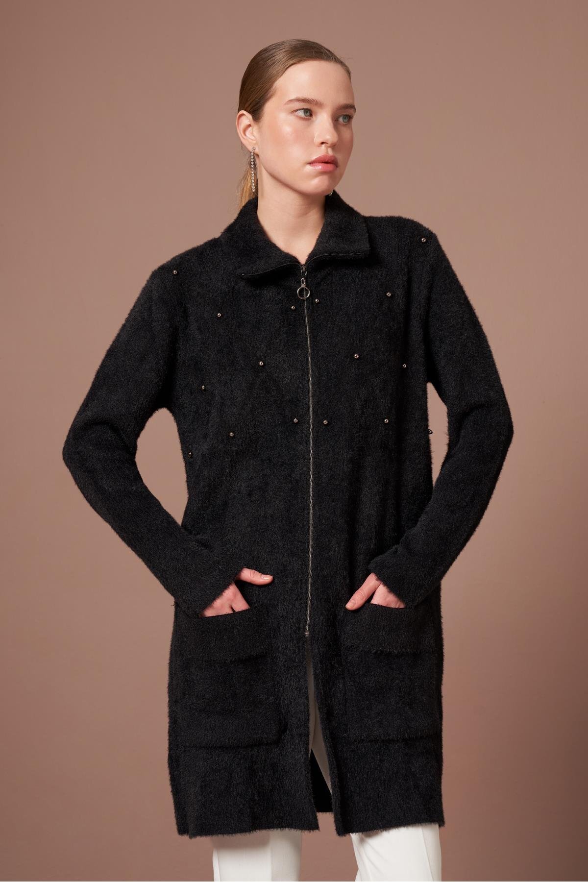 FTZ WOMEN  Kadın İnci Detay Angora Kaban Siyah 25040 - Görsel 3