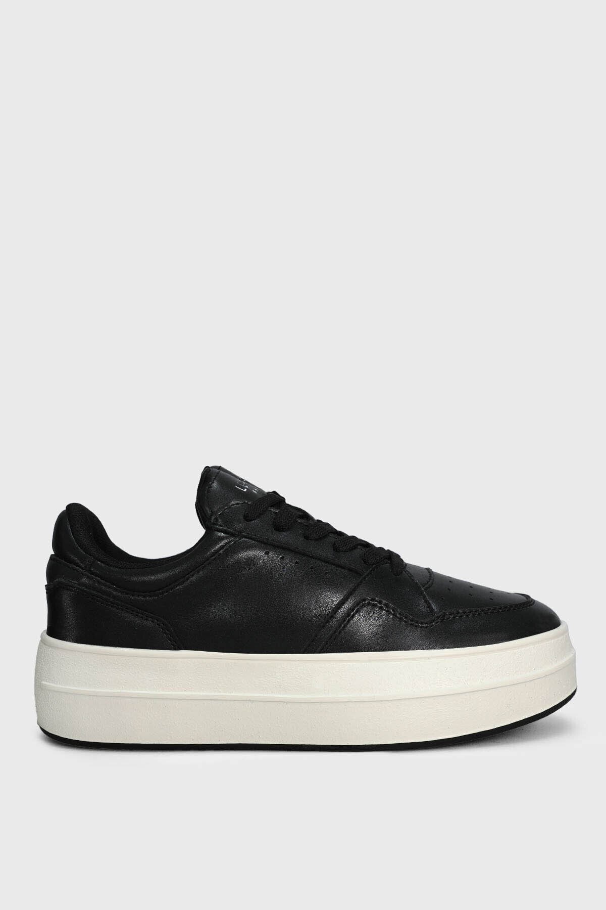 Hakiki Deri Bağcıklı Rahat Günlük Sneaker Kadın Ayakkabı Siyah Beyaz taban