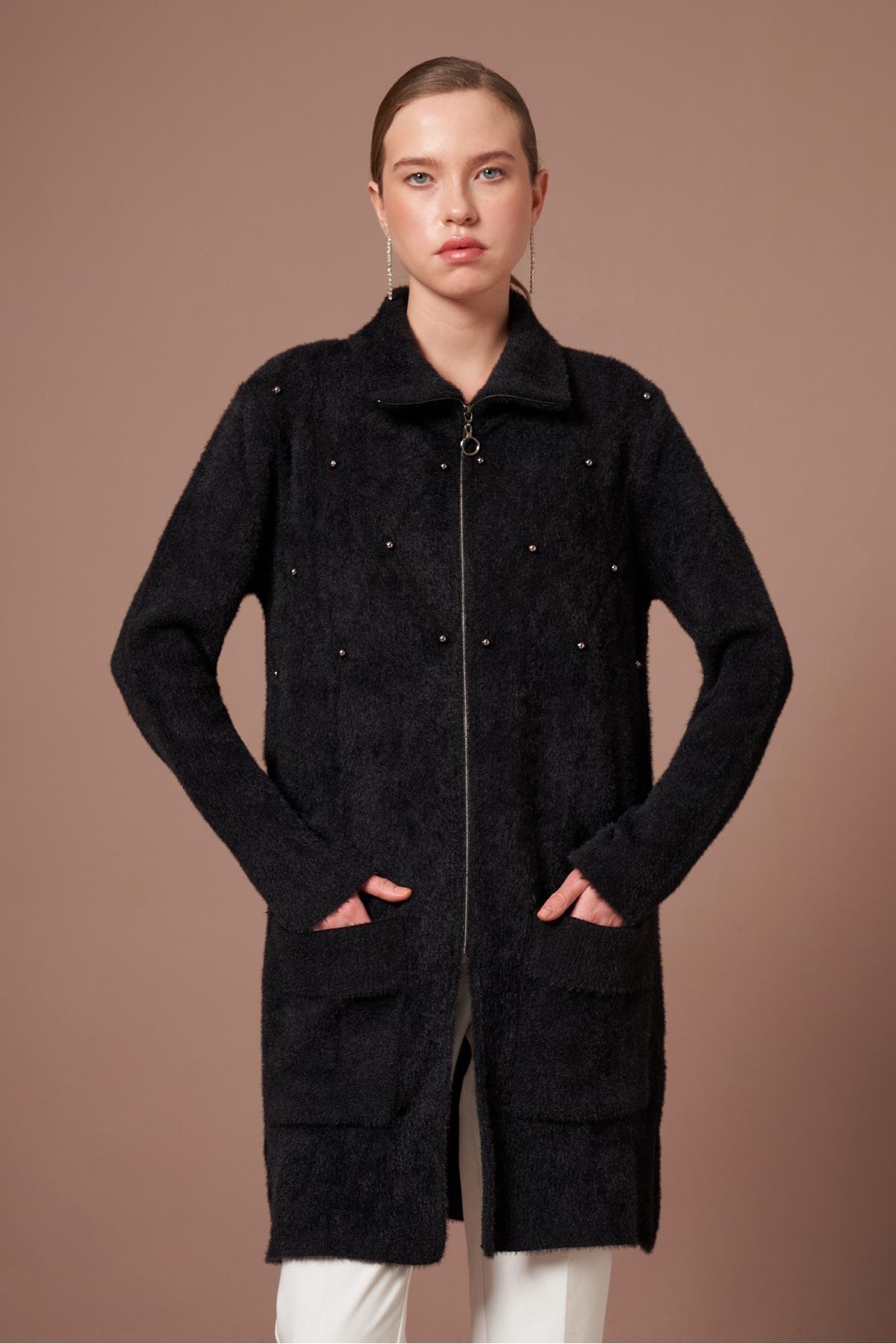 FTZ WOMEN  Kadın İnci Detay Angora Kaban Siyah 25040