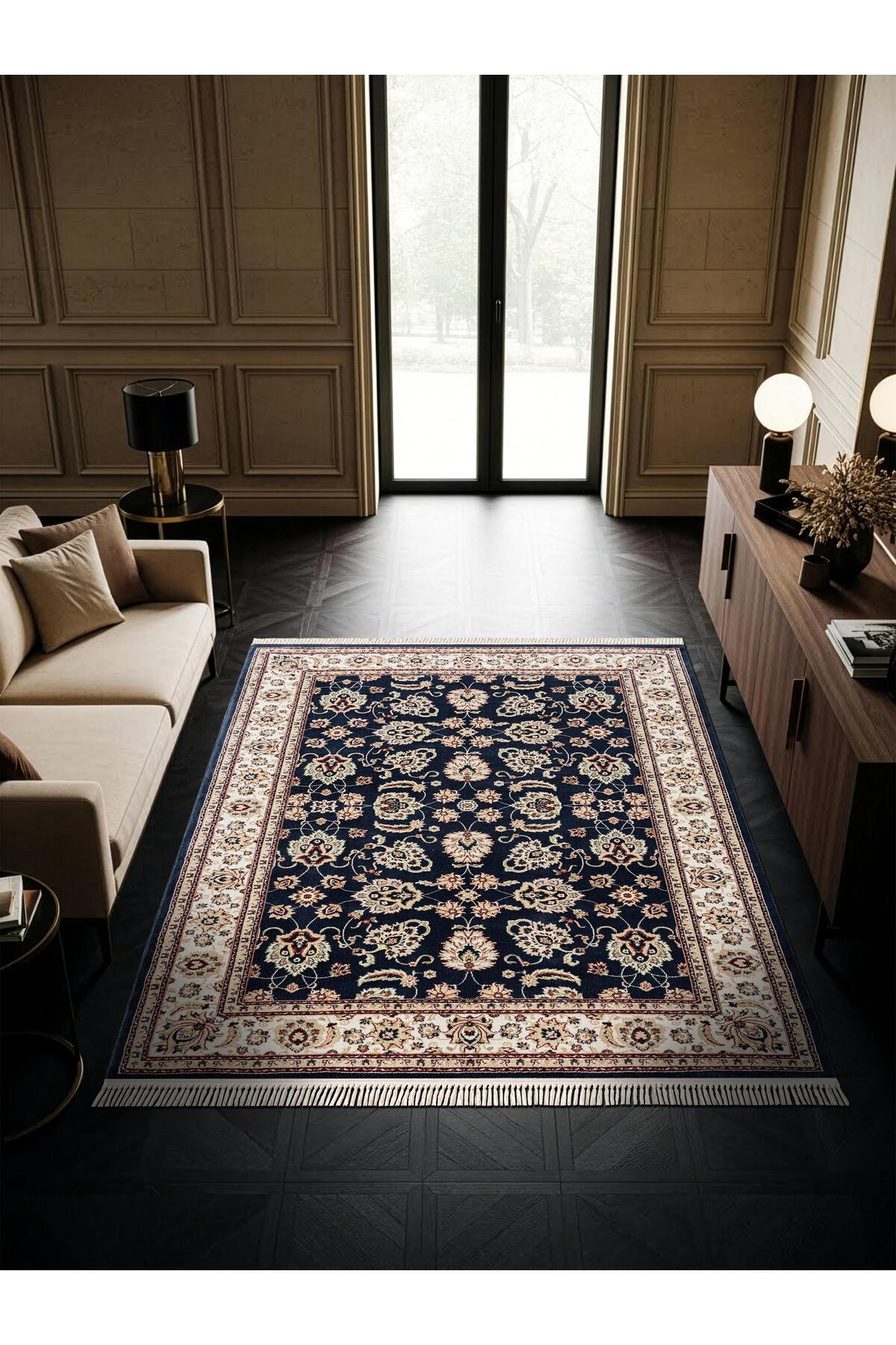 Fesane FN002M Navy Blue Cotton Sole Ethnic Frame Pattern Living Room Rug