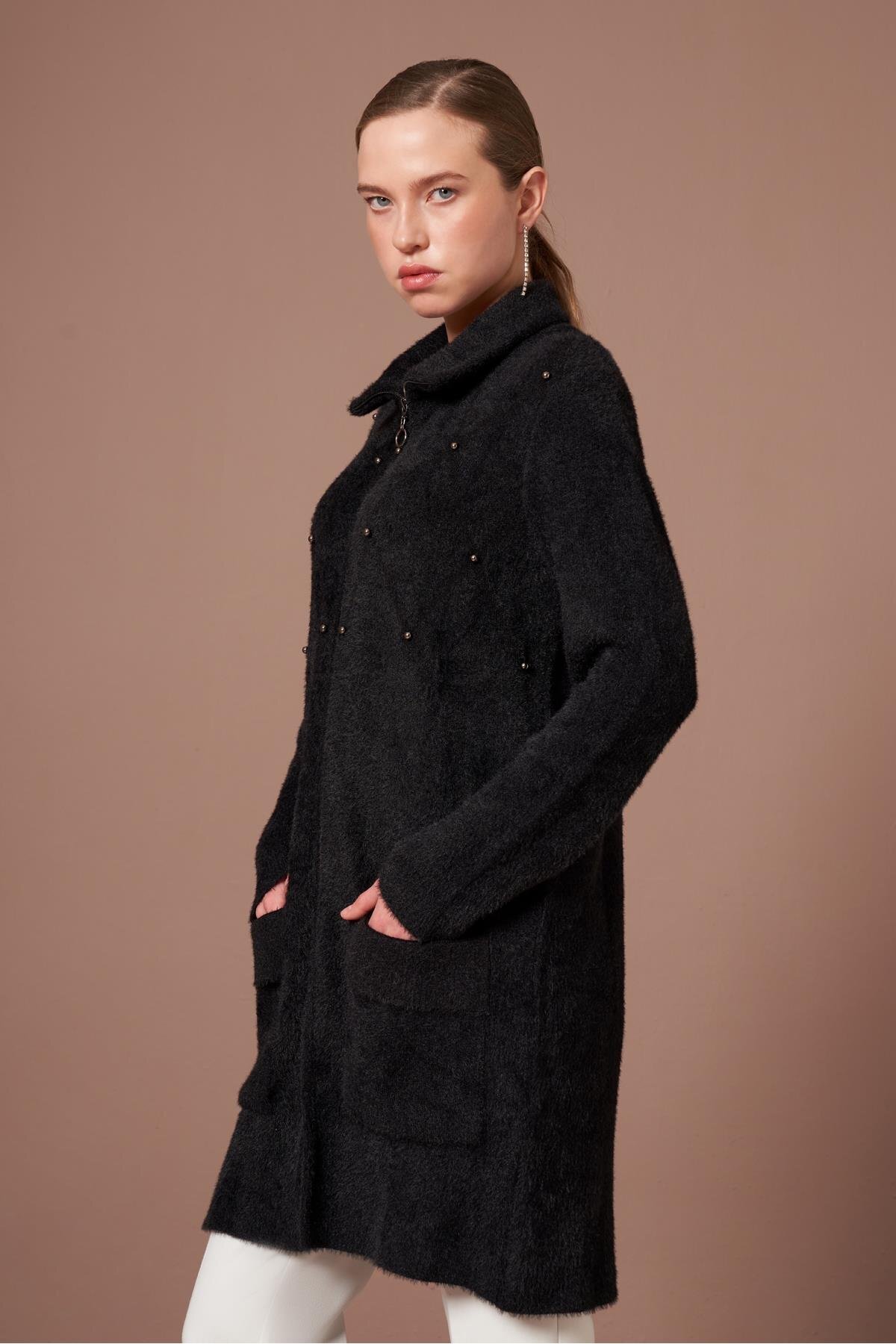 FTZ WOMEN  Kadın İnci Detay Angora Kaban Siyah 25040 - Görsel 2
