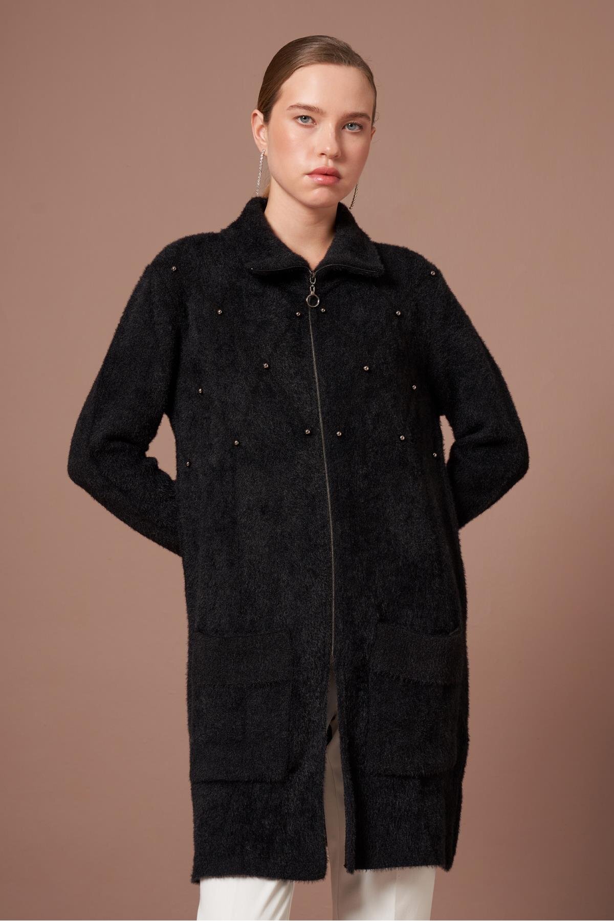 FTZ WOMEN  Kadın İnci Detay Angora Kaban Siyah 25040 - Görsel 4