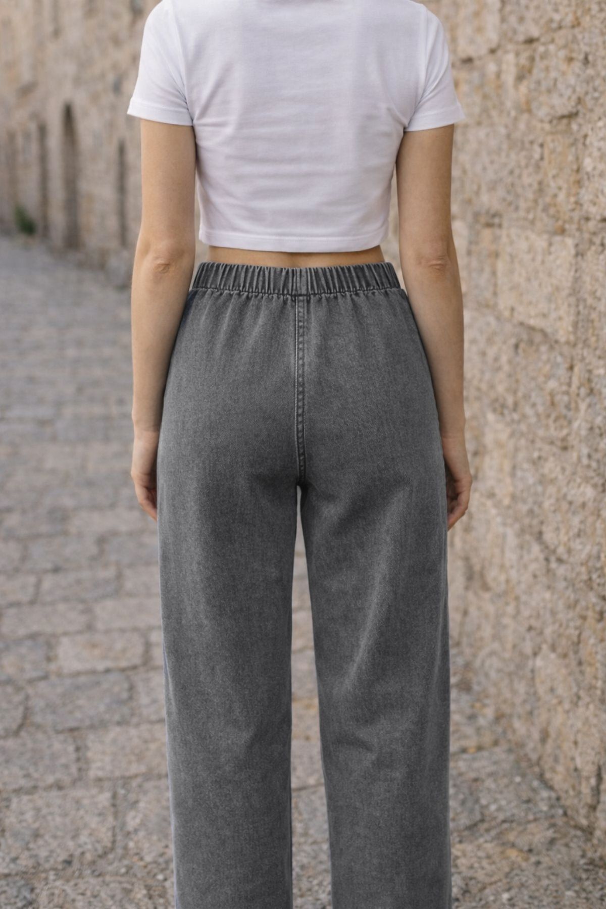 CEDY DENIM  - Likralı Kumaş Cepsiz Beli Lastikli Palazzo Pantolon C640- Açık Gri - Görsel 5