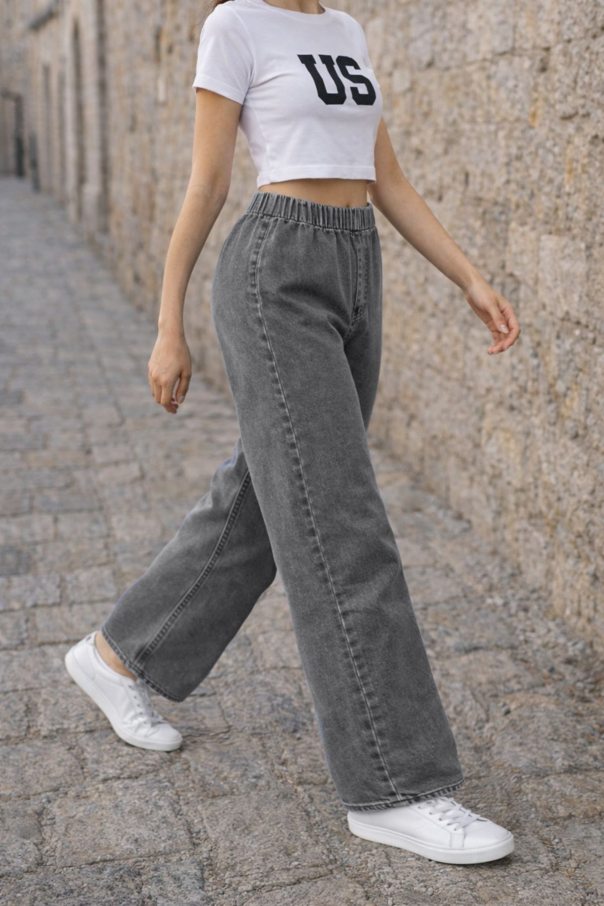 CEDY DENIM  - Likralı Kumaş Cepsiz Beli Lastikli Palazzo Pantolon C640- Açık Gri - Görsel 8