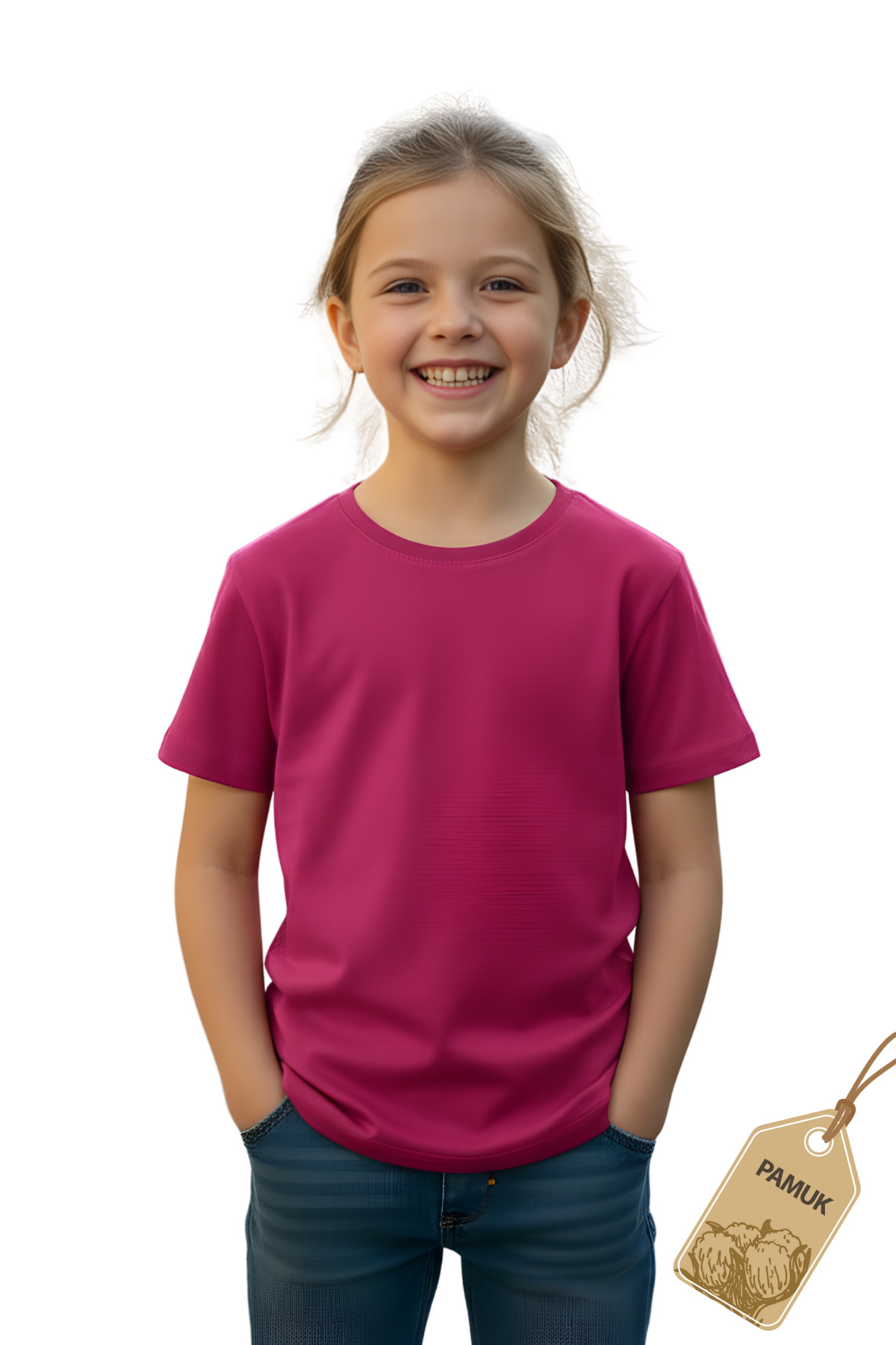 Fuşya Unisex Çocuk Tişört - Pamuk Kısa Kollu Günlük Basic Çocuk T-Shirt