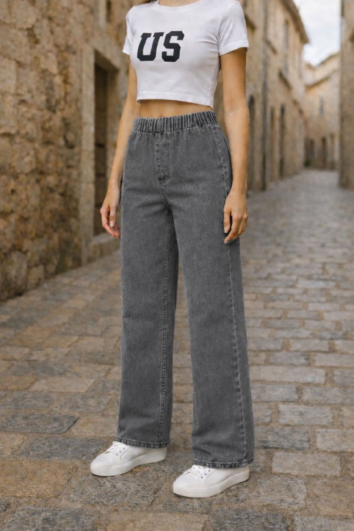 CEDY DENIM  - Likralı Kumaş Cepsiz Beli Lastikli Palazzo Pantolon C640- Açık Gri