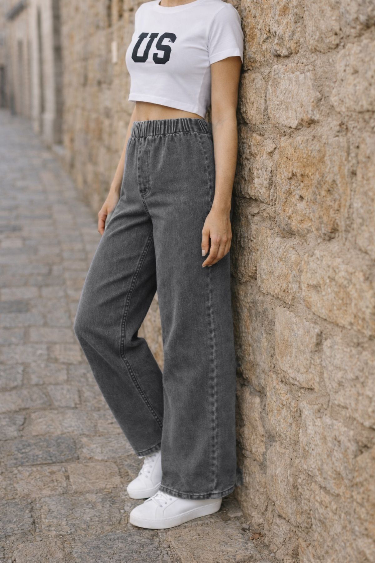 CEDY DENIM  - Likralı Kumaş Cepsiz Beli Lastikli Palazzo Pantolon C640- Açık Gri - Görsel 6