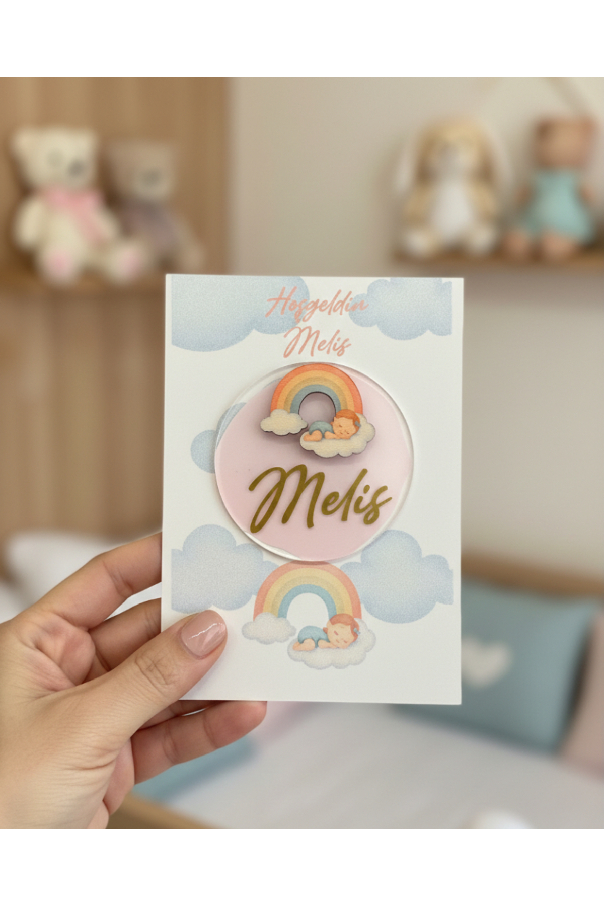 LABİREND PRODUCTS 10'lu paket Şeffaf Pleksi Gökkuşağı Figürlü Bebek Magnet Kartlı ve Jelatinli İsme Özel Hatıra fotoğrafı 2 (önizleme)