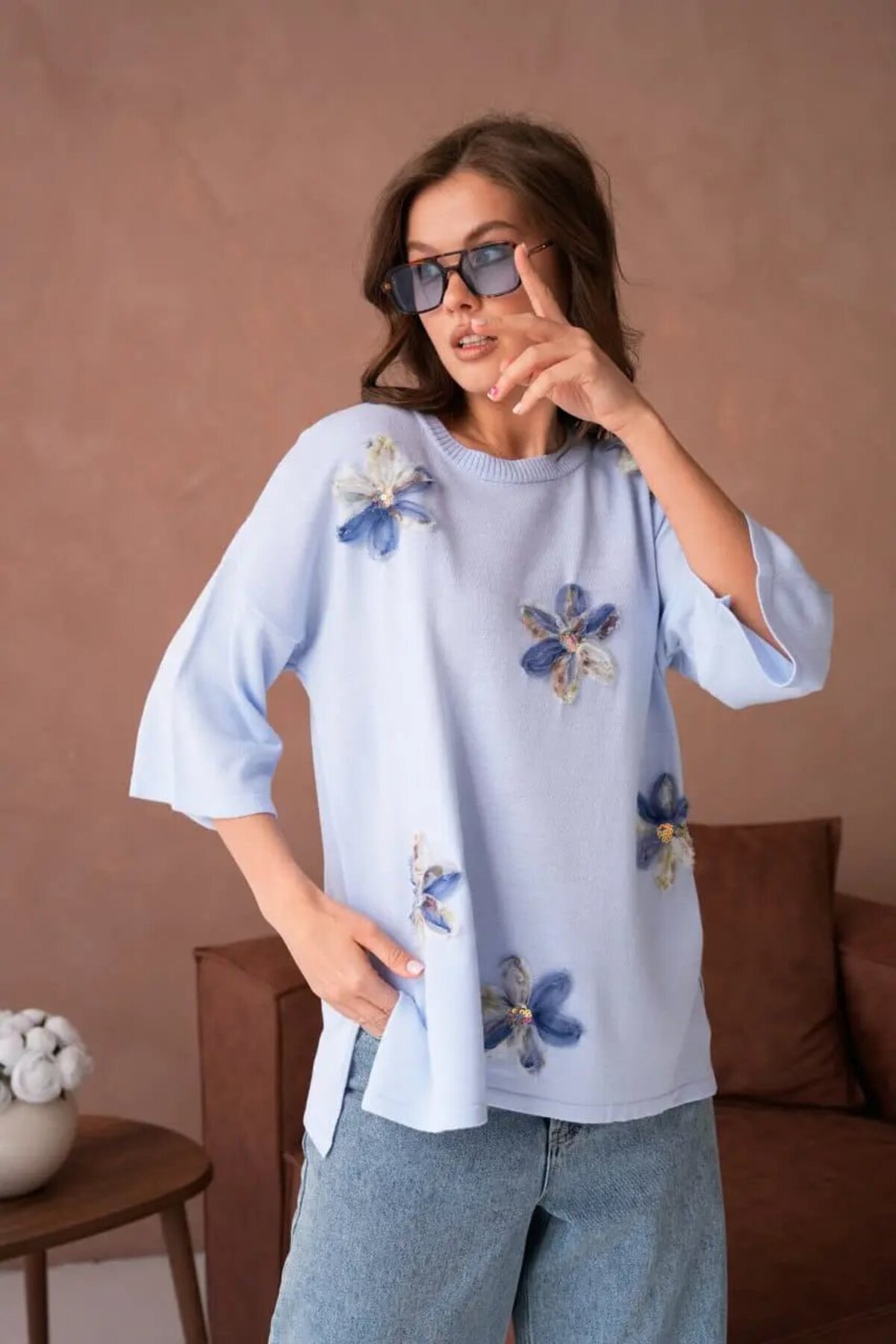 Park Karon  Kadın Bisiklet Yaka Yanları Yırtmaçlı Aplikeli Oversize Triko Kazak