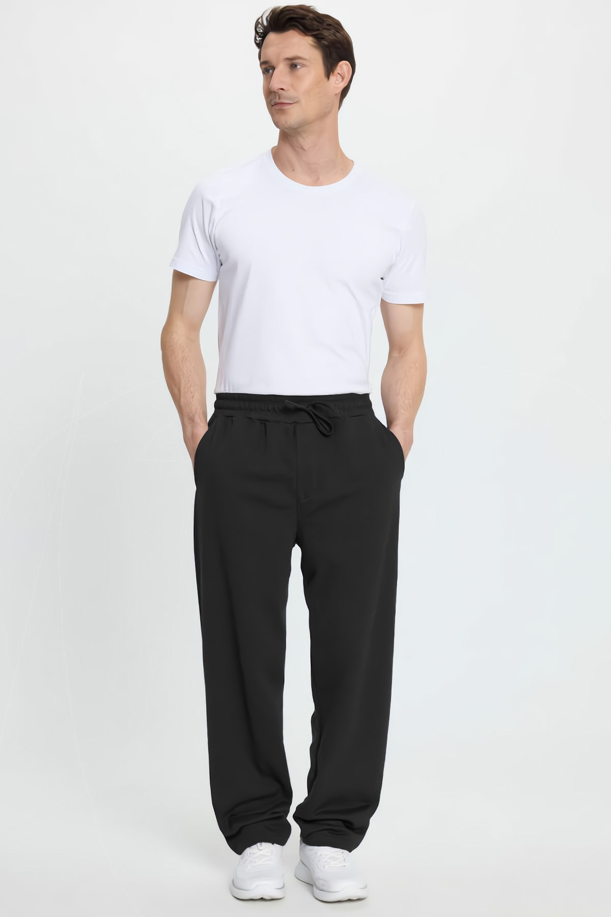 Tudors  Erkek Siyah Pamuklu Baggy Fit Rahat Kesim Beli Bağcıklı Yan Cepli Örme Eşofman Altı - Görsel 2