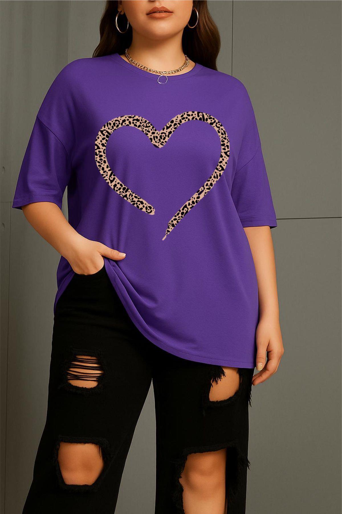Oksit Love Women's Large Size Oversized Printed Crew Neck Cotton T