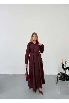 Queensland Kemerli Düğme Detaylı Uzun Gömlek Elbise