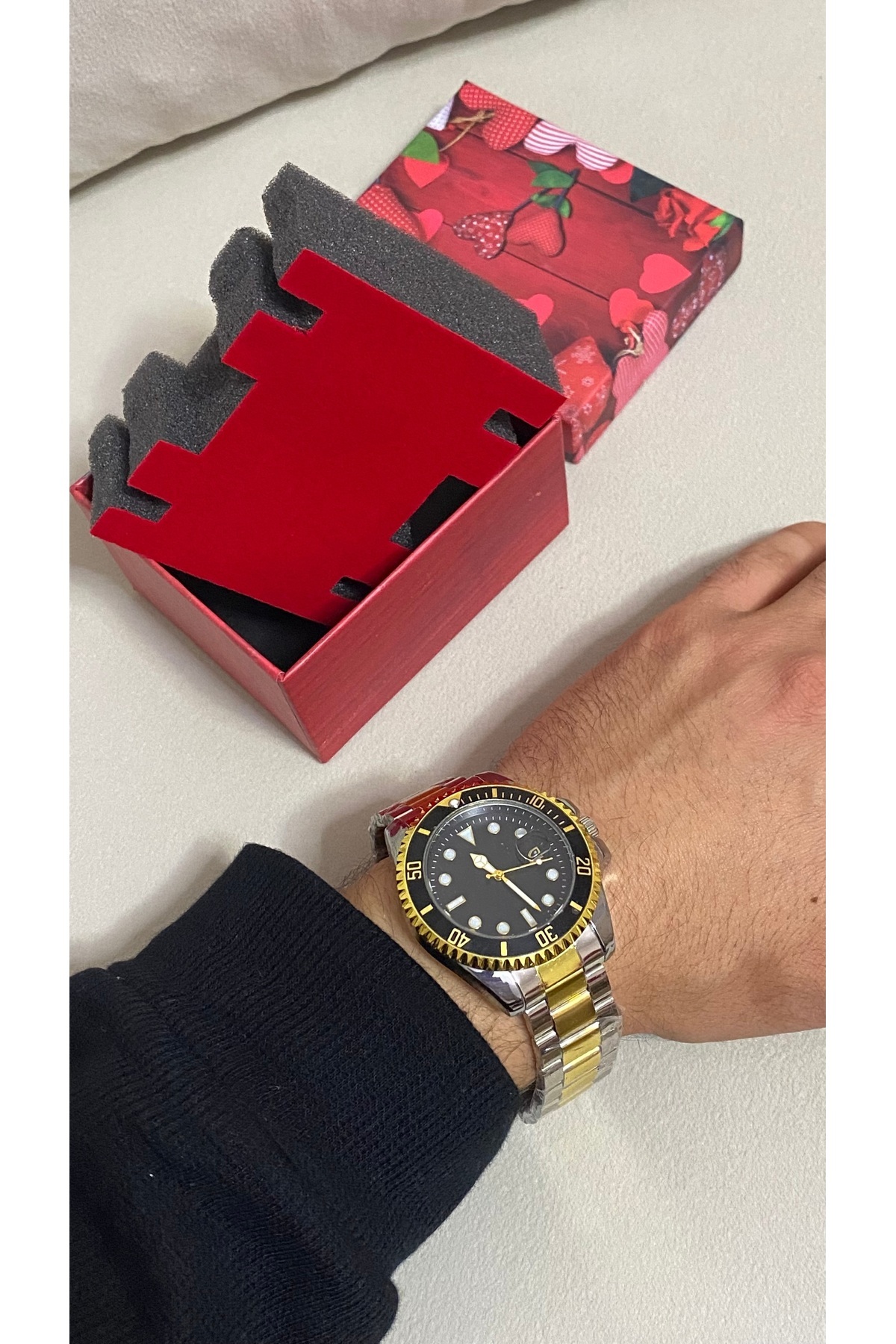 Yegane  Erkek Çelik Kordonlu Takvimli Siyah Kadranlı Şık Kol Saati Döner Bezel Çerçeve - Görsel 3