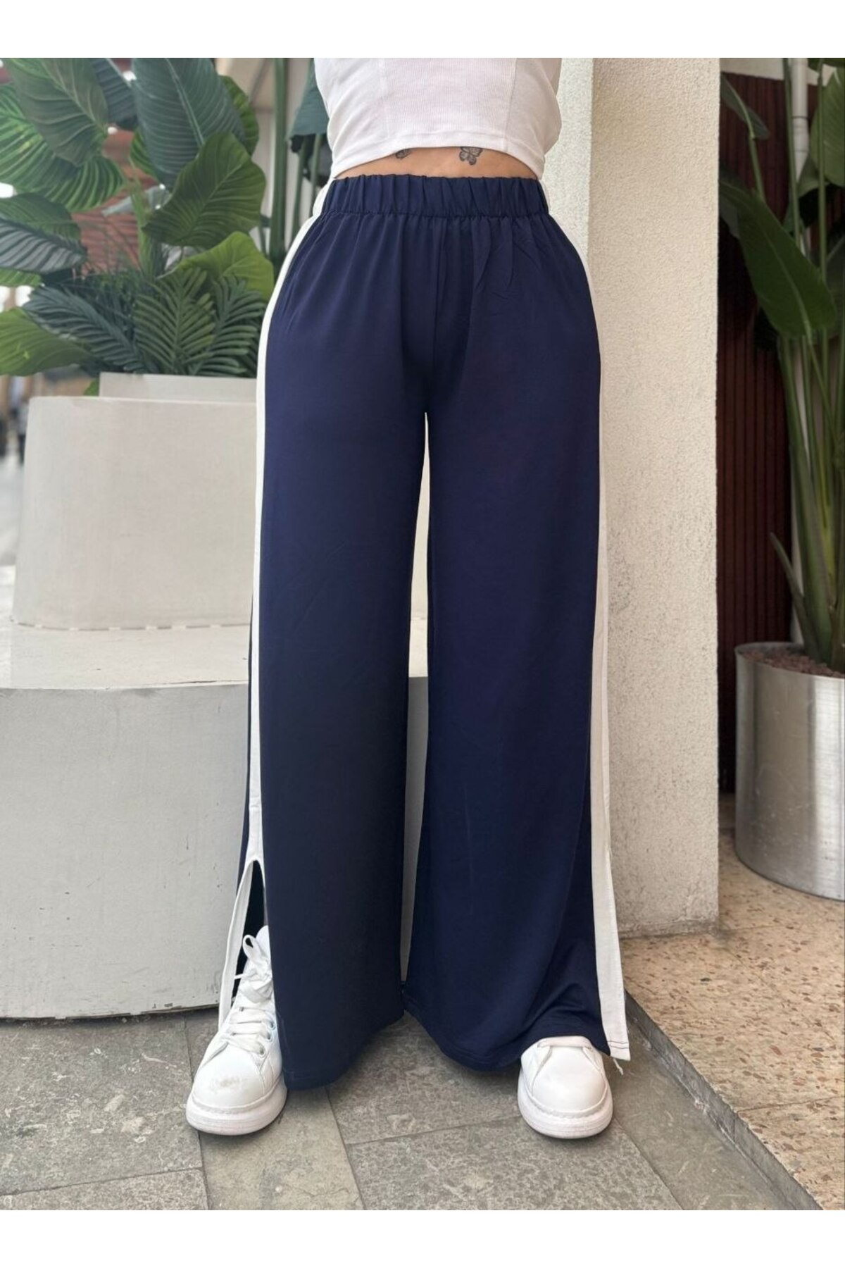 Butik Nilyam  Kadın Büyük Beden Şerit Yırtmaçlı İki İplik Eşofman Altı 24605 Lacivert - Görsel 8