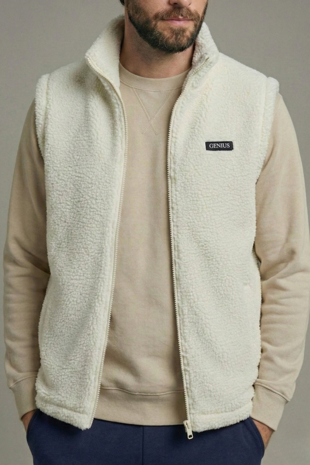GENIUS STORE Erkek Yelek İçi Şardonlu Sherpa Peluş Yelek Tam Fermuarlı Cepli Kuzu Outdoor Yelek