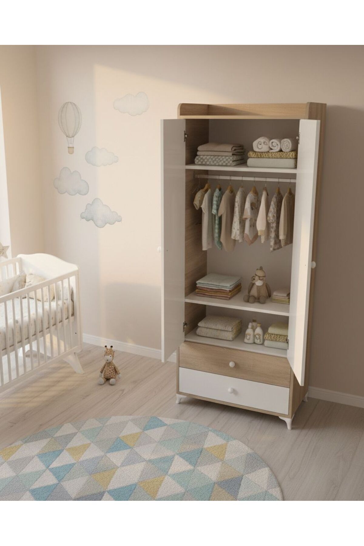 BANANA BABY MOJO BEBEK ÇOCUK VE GENÇ ODASINA UYGUN İKİ KAPILI İKİ ÇEKMECELİ DOLAP VE GARDIROP fotoğrafı 3 (önizleme)