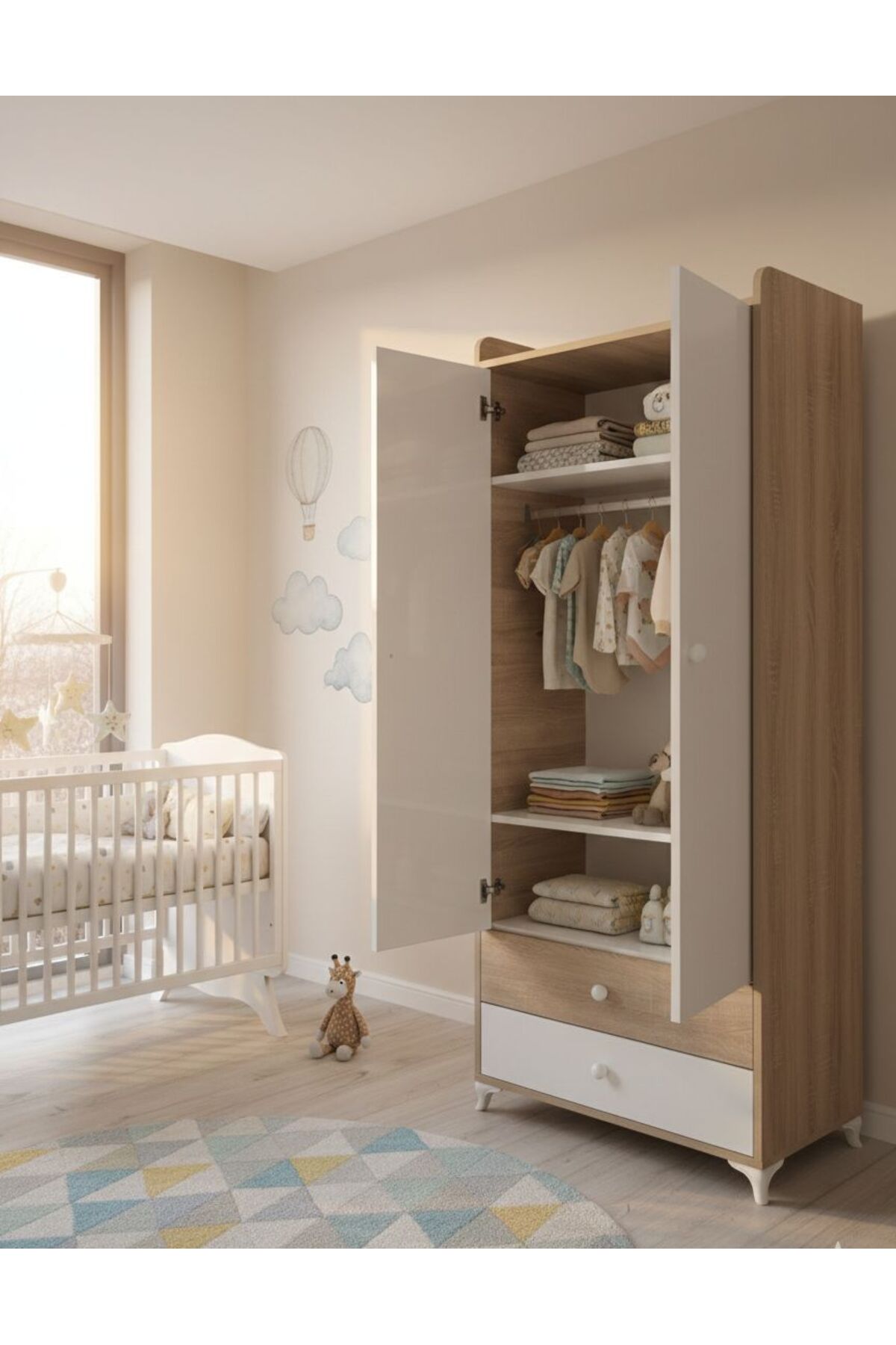 BANANA BABY MOJO BEBEK ÇOCUK VE GENÇ ODASINA UYGUN İKİ KAPILI İKİ ÇEKMECELİ DOLAP VE GARDIROP fotoğrafı 4 (önizleme)