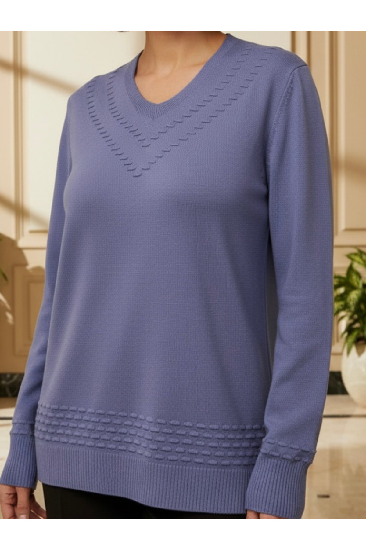 tiriTEK TRİKO  V Yaka Nopenli Mevsimlik Genç Anne Bluz / İndigo - Görsel 2