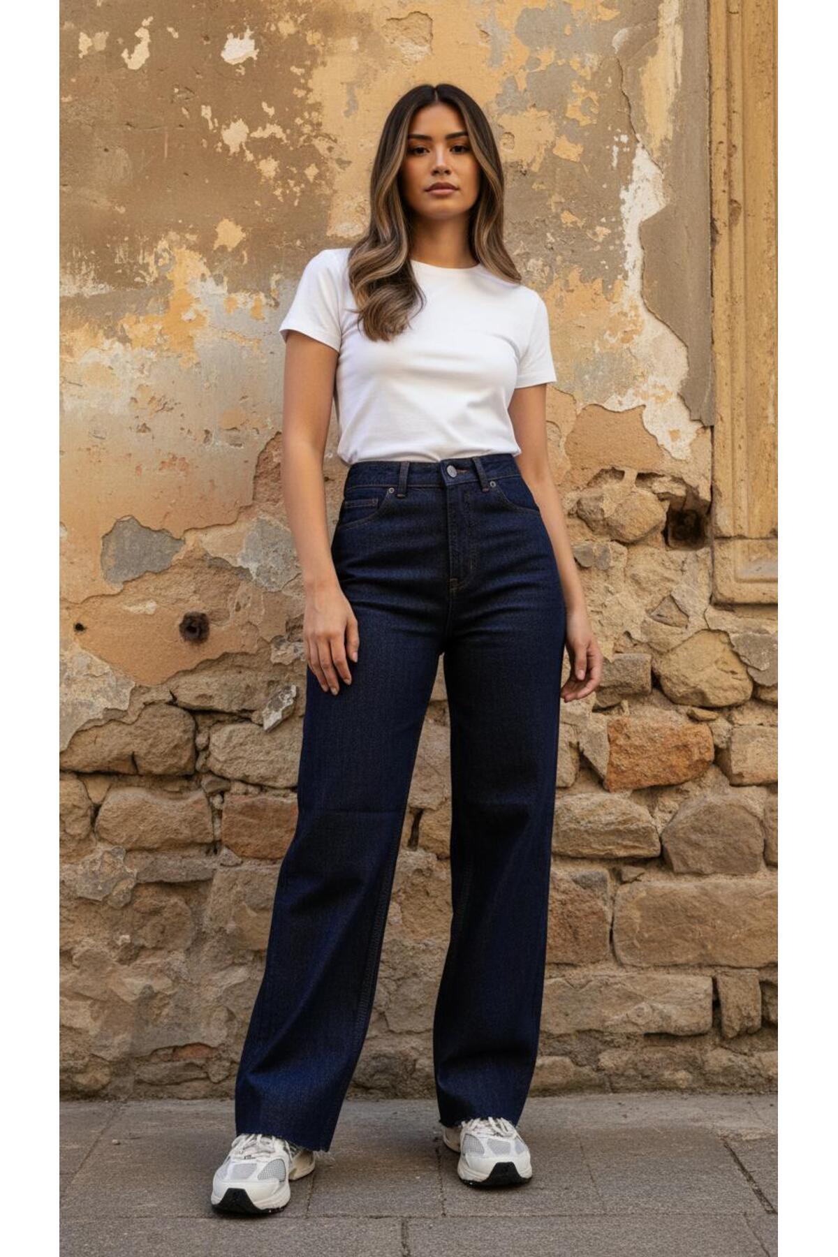 geenz manifacture  Dark Blue Koyu Lacivert Wide Leg Kesik Paça Likrasız Palazzo Jeans Palazzo Pantolon