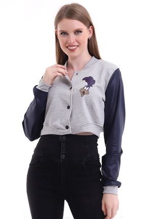 Kadın Kolları Deri Crop Kolej Sweatshirt, Crop Sweatshirt, Kolej Baskılı Sweatshirt TULİPA2021