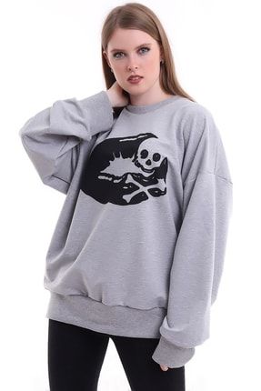 Gri Baskılı Oversize Sweatshirt, Gri Sweatshirt, Baskılı Sweatshirt PANSY2021