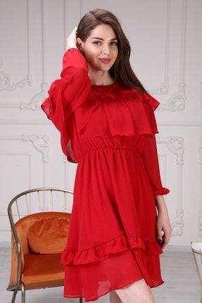 Çan Yuvarlak Yaka Omuz Fırfırlı Kırmızı Şifon Elbise 4007