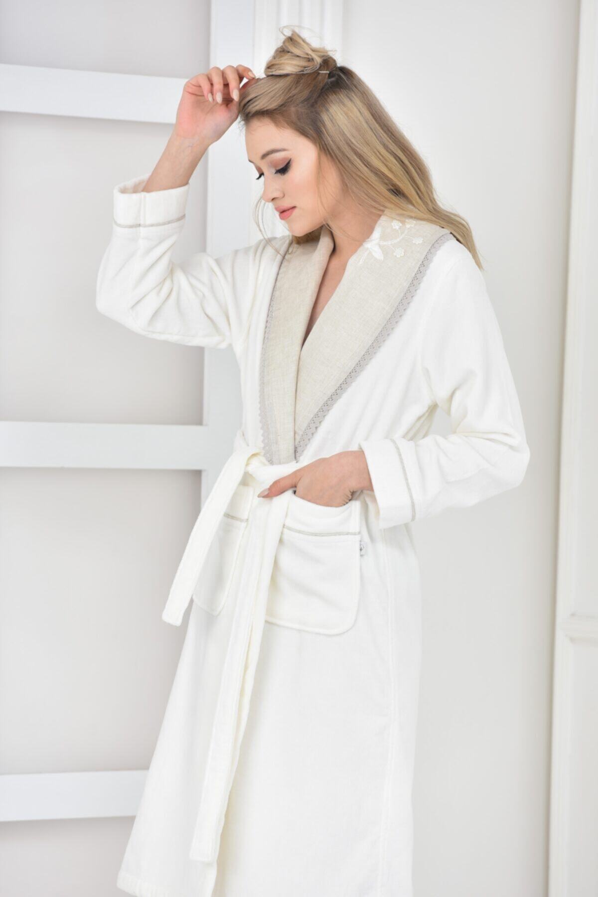 حوله زنانه بژ اکوکاتنEcocotton | Ayliz Krem Bayan Bornoz Large اورجینال - تصویر 2