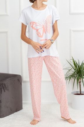 Kadın Beyaz Turuncu Kelebek Desenli Pamuklu Kısa Kollu Pijama Takımı HLS1058