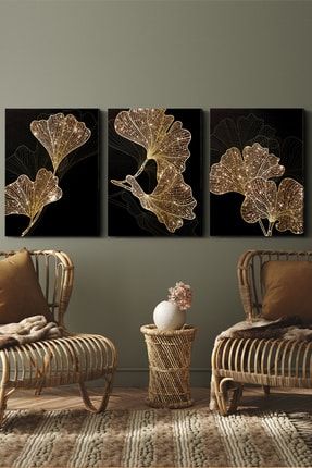 Gold Çiçekler 3 Parça Kanvas - Canvas Tablo EVN-3KVS-45x65-010
