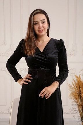 Kruvaze Midi Kadife Siyah Elbise 4006